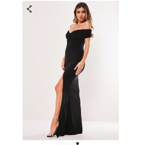 black bardot wrap slit slinky maxi dress